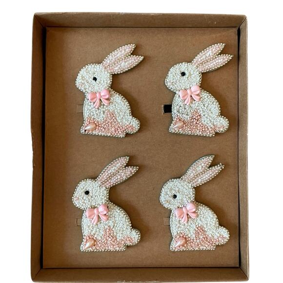 Rachel Zoe Pink & White Beaded Bunny Napkin Rings Set of 4 Easter Decor NEW - Picture 1 of 12